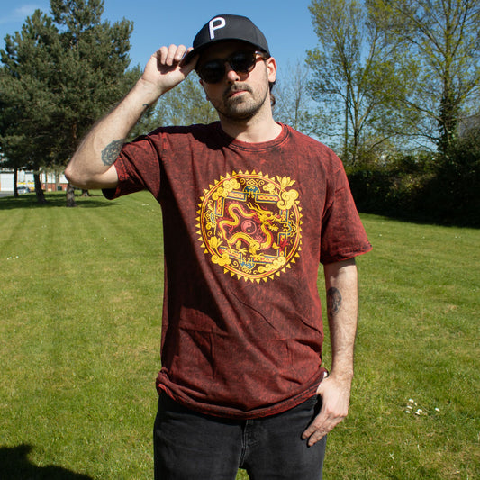 Nomad Sari T-Shirt aus gewaschener Baumwolle - Drachen-Mandala - Granatrot - Groß