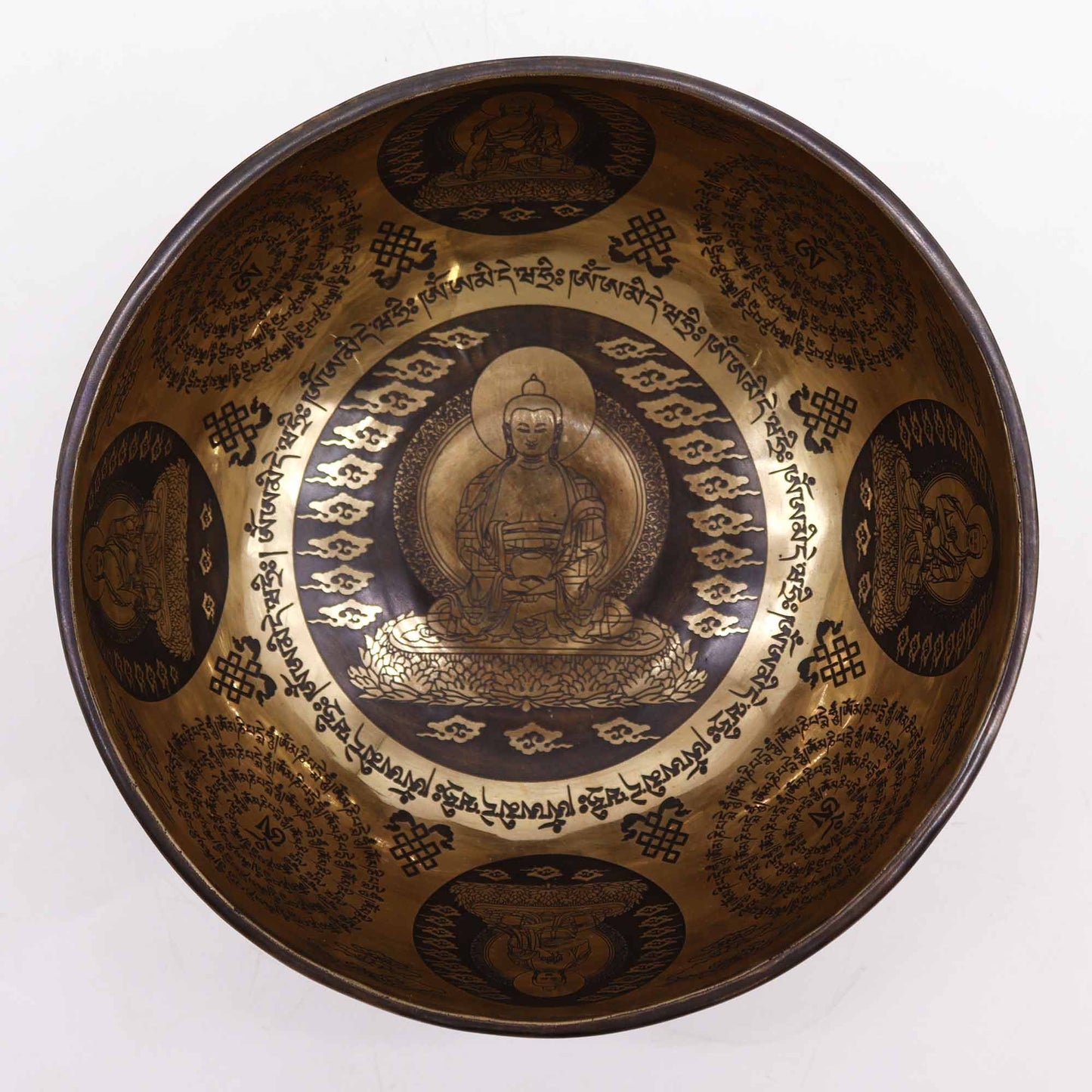 Gravierte heilende tibetische Klangschale – 21 cm – 5 Buddhas