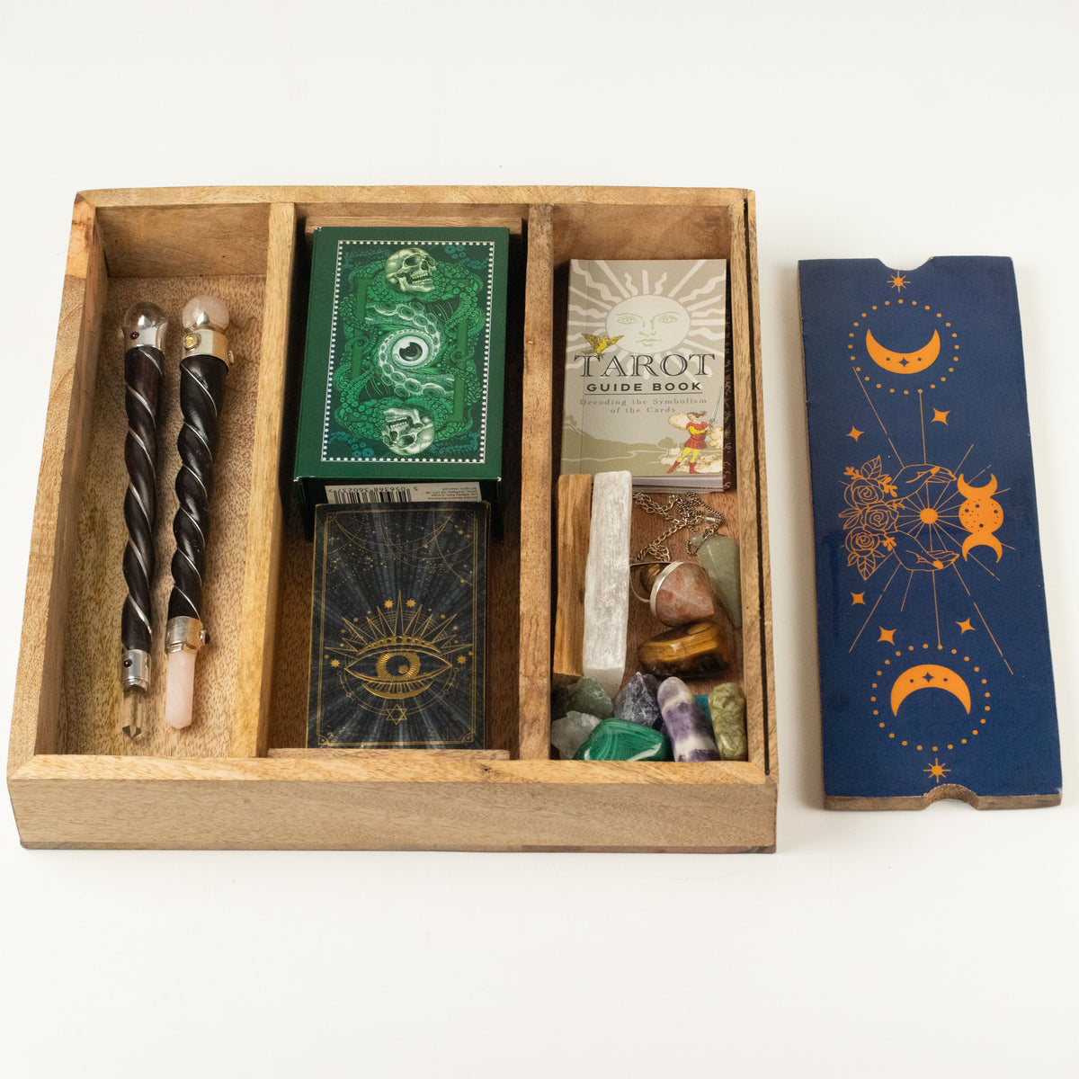 Bandeja de Tarot con Fases Lunares Azules y soporte para cartas