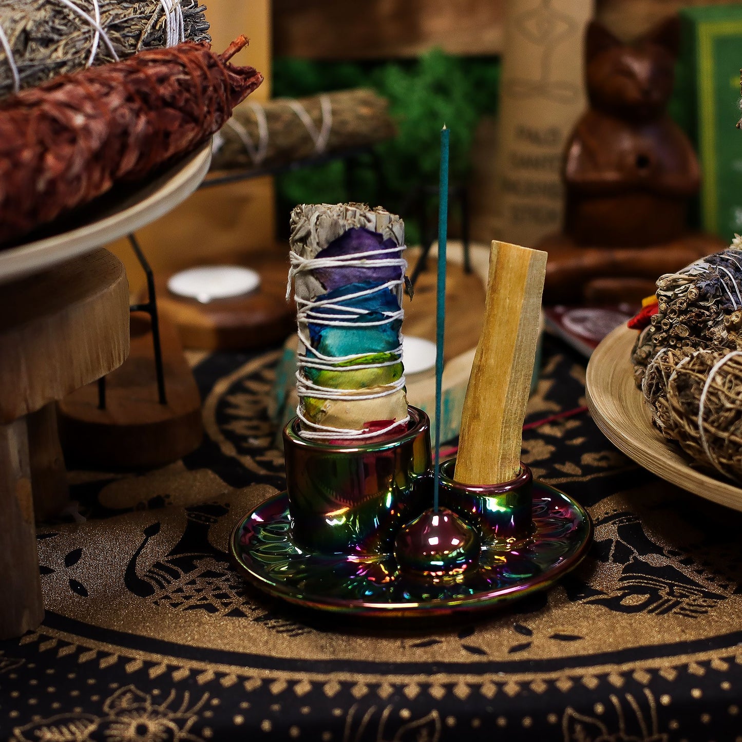 Palito de Palo Santo y Soporte para Smudge - Mandala - Arcoíris Metálico