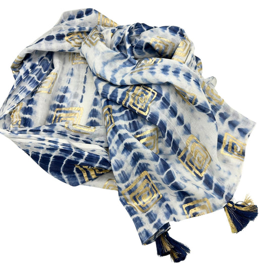 Colección Nómada Sari Mediterráneo - Pareo - Azul Teñido Anudado & Estampado