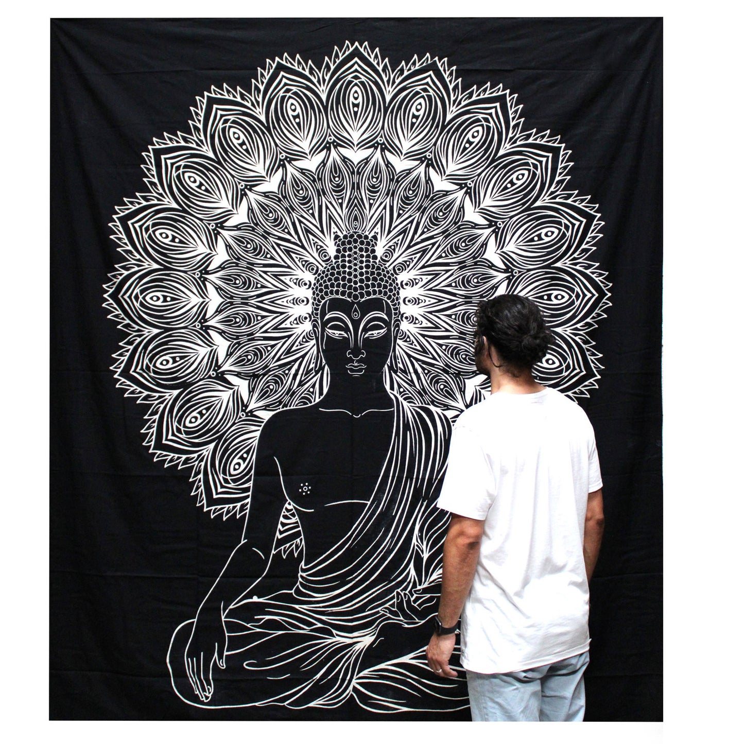 Schwarzweiße Baumwoll-Doppelsteppdecke + Wandteppich – Buddha