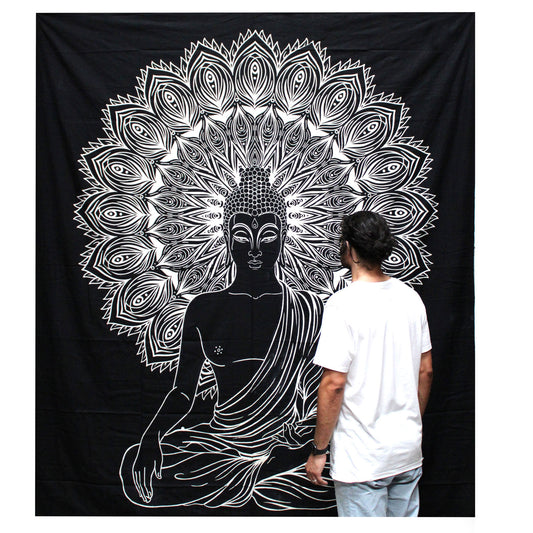 Schwarzweiße Baumwoll-Doppelsteppdecke + Wandteppich – Buddha