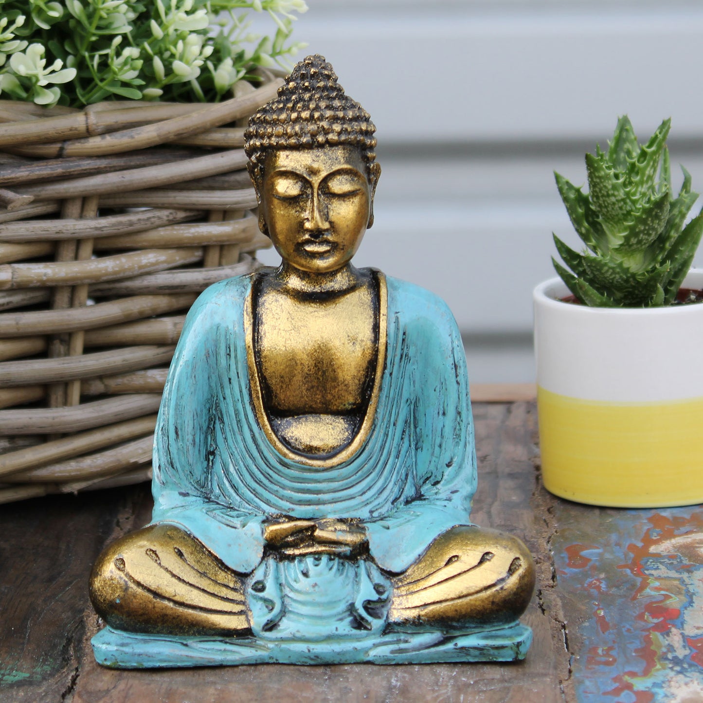 Buddha, Blaugrün und Gold – Mittel