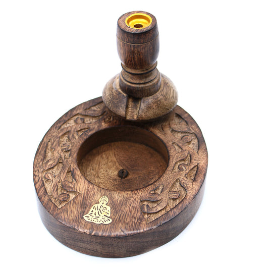 Kleiner Rückbrenner aus Mangoholz – Messing-Buddha