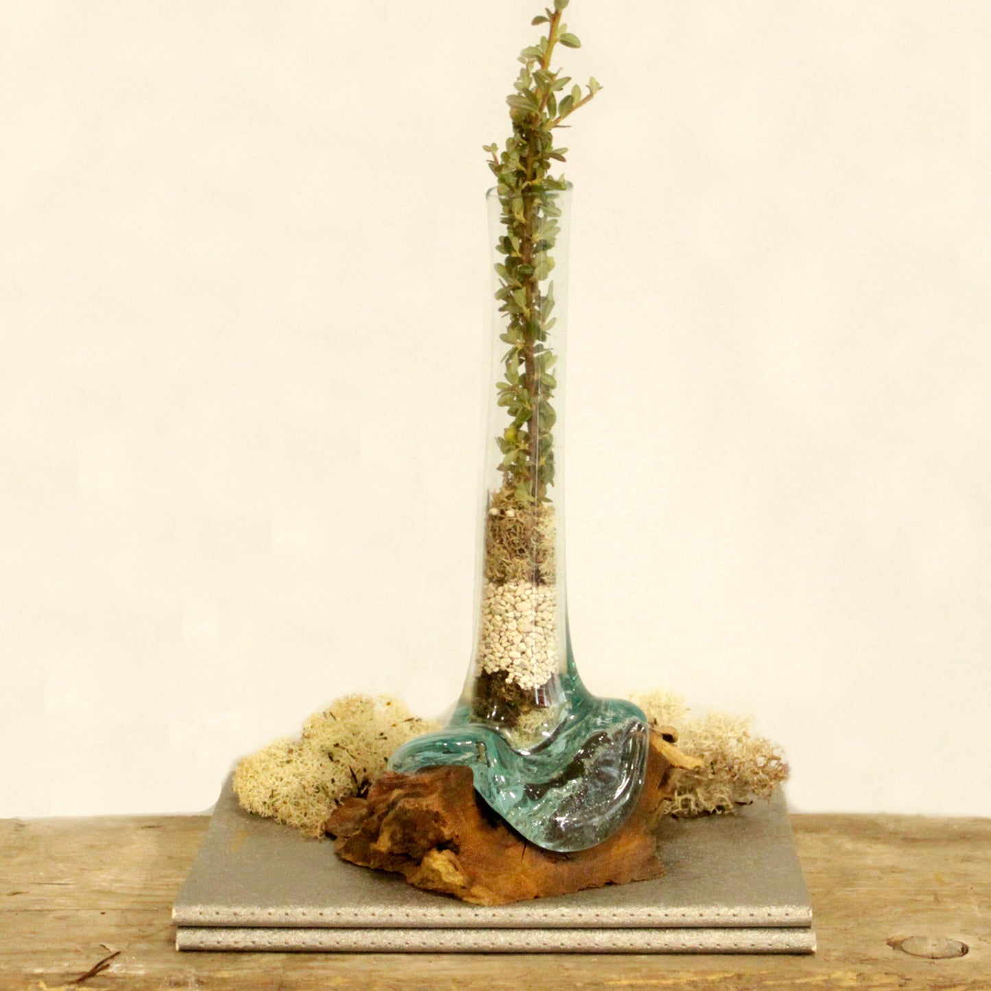 Geschmolzenes Glas auf Holz - Vase