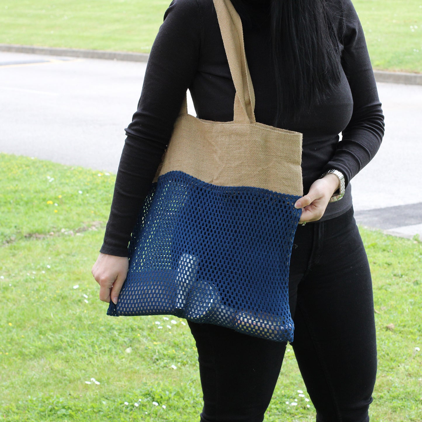 Netztasche aus reiner weicher Jute und Baumwolle - Denim