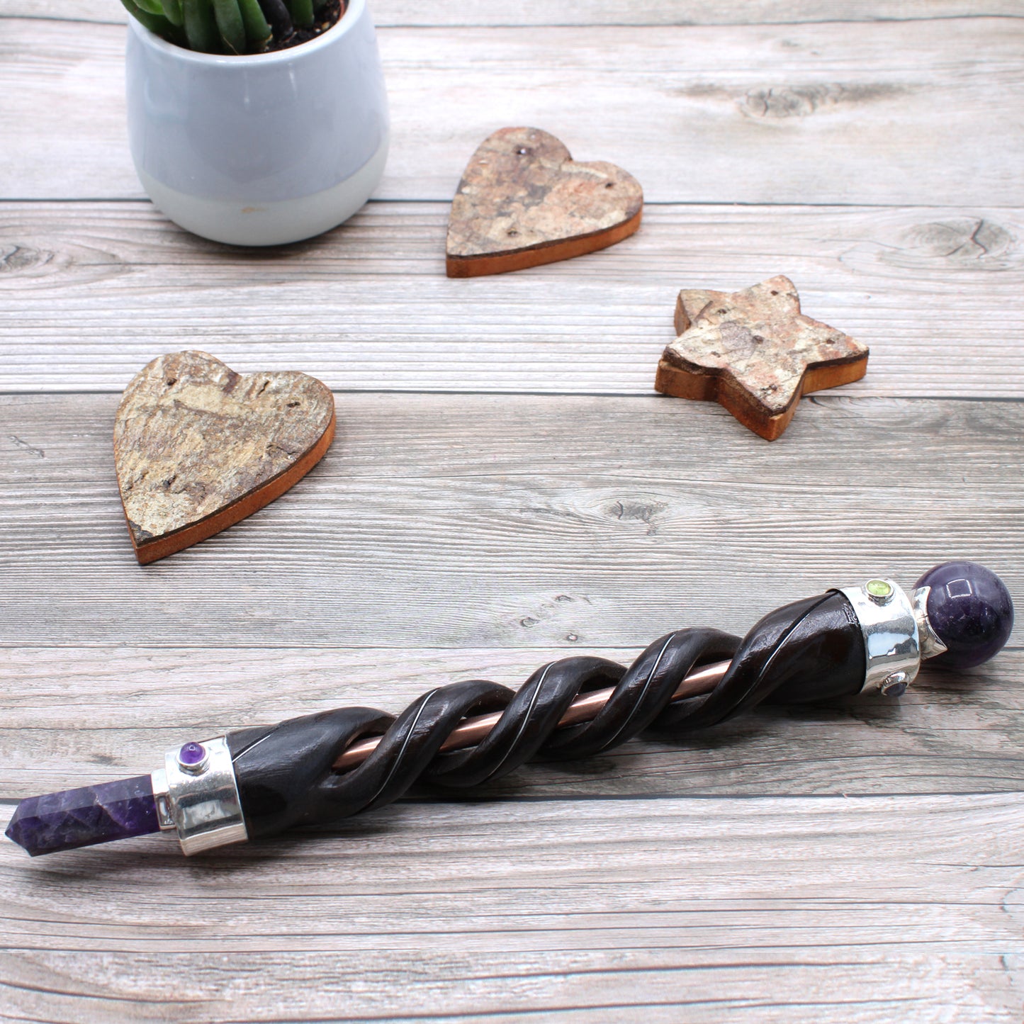 Spiralschnitzender Heilstab - Amethyst-Kupferrohr