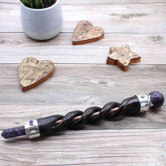 Spiralschnitzender Heilstab - Amethyst-Kupferrohr