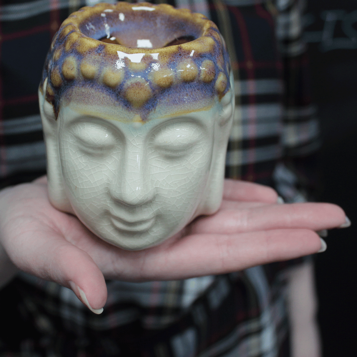 Buddha-Gesicht-Ölbrenner - Elfenbein und Blau