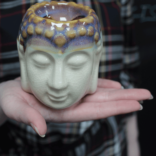 Buddha-Gesicht-Ölbrenner - Elfenbein und Blau