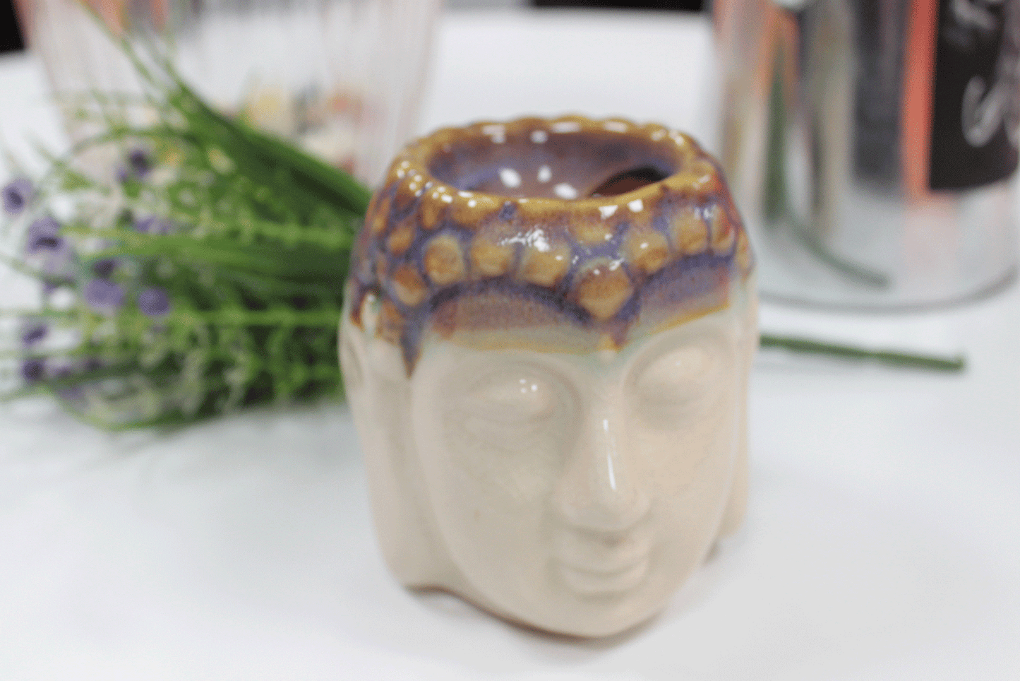Buddha-Gesicht-Ölbrenner - Elfenbein und Blau