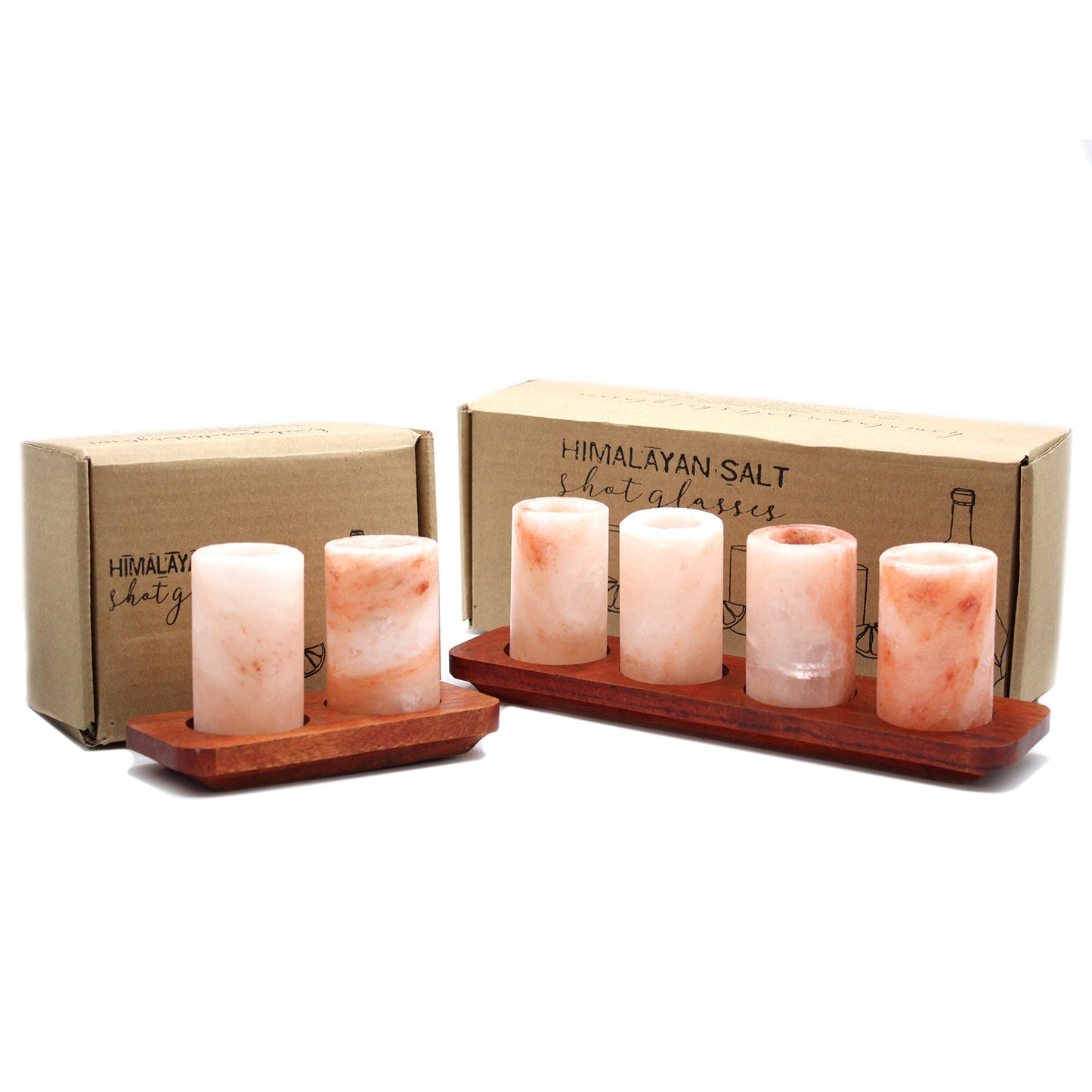 Juego de 2 vasos de chupito de sal del Himalaya y soporte de madera para servir