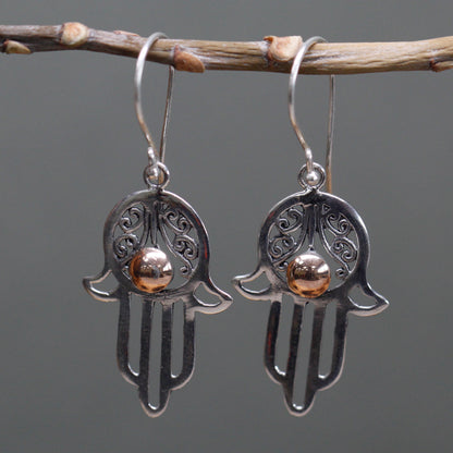 Pendientes Plata y Oro Mano de Hamsa