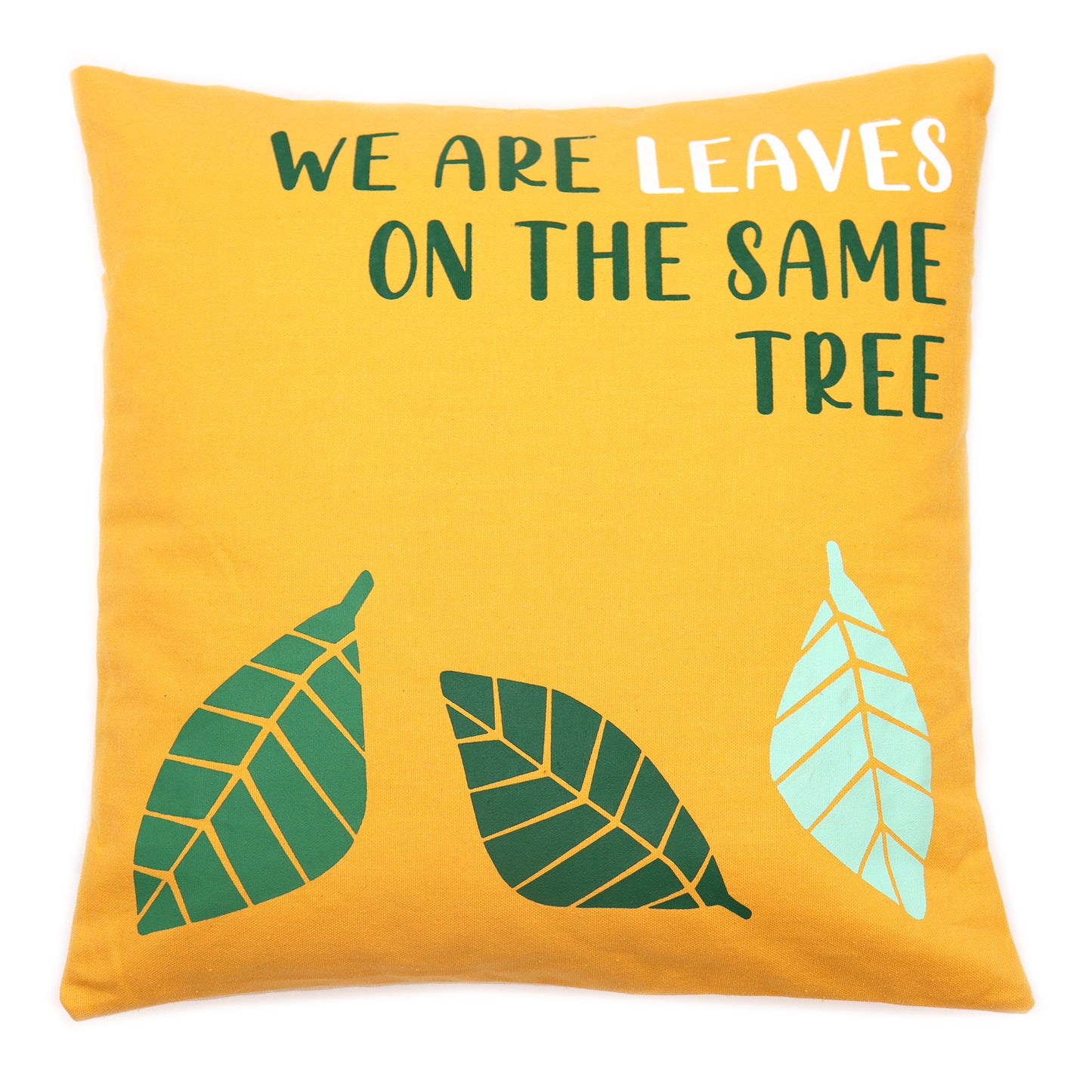 Bedruckter Kissenbezug aus Baumwolle – We Are Leaves – Gelb, Blau und Natur