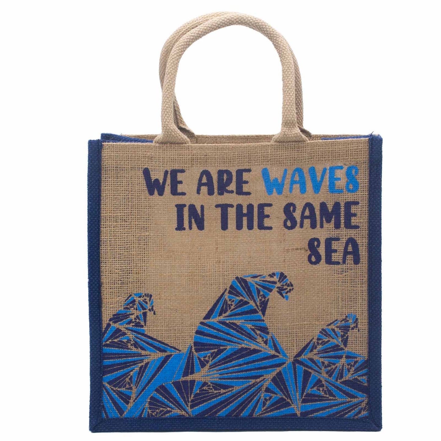 Bedruckter Jutebeutel - We are waves - Grau, Blau und Natur