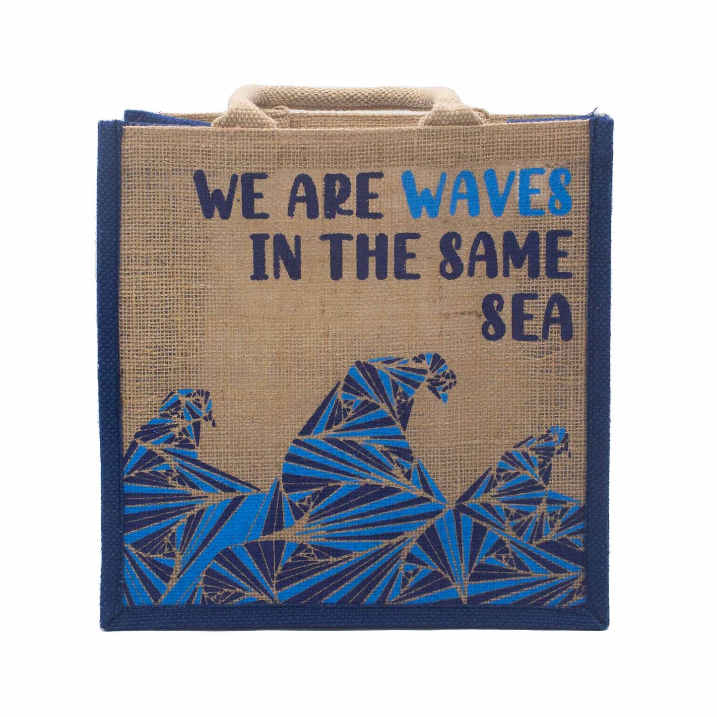 Bedruckter Jutebeutel - We are waves - Grau, Blau und Natur