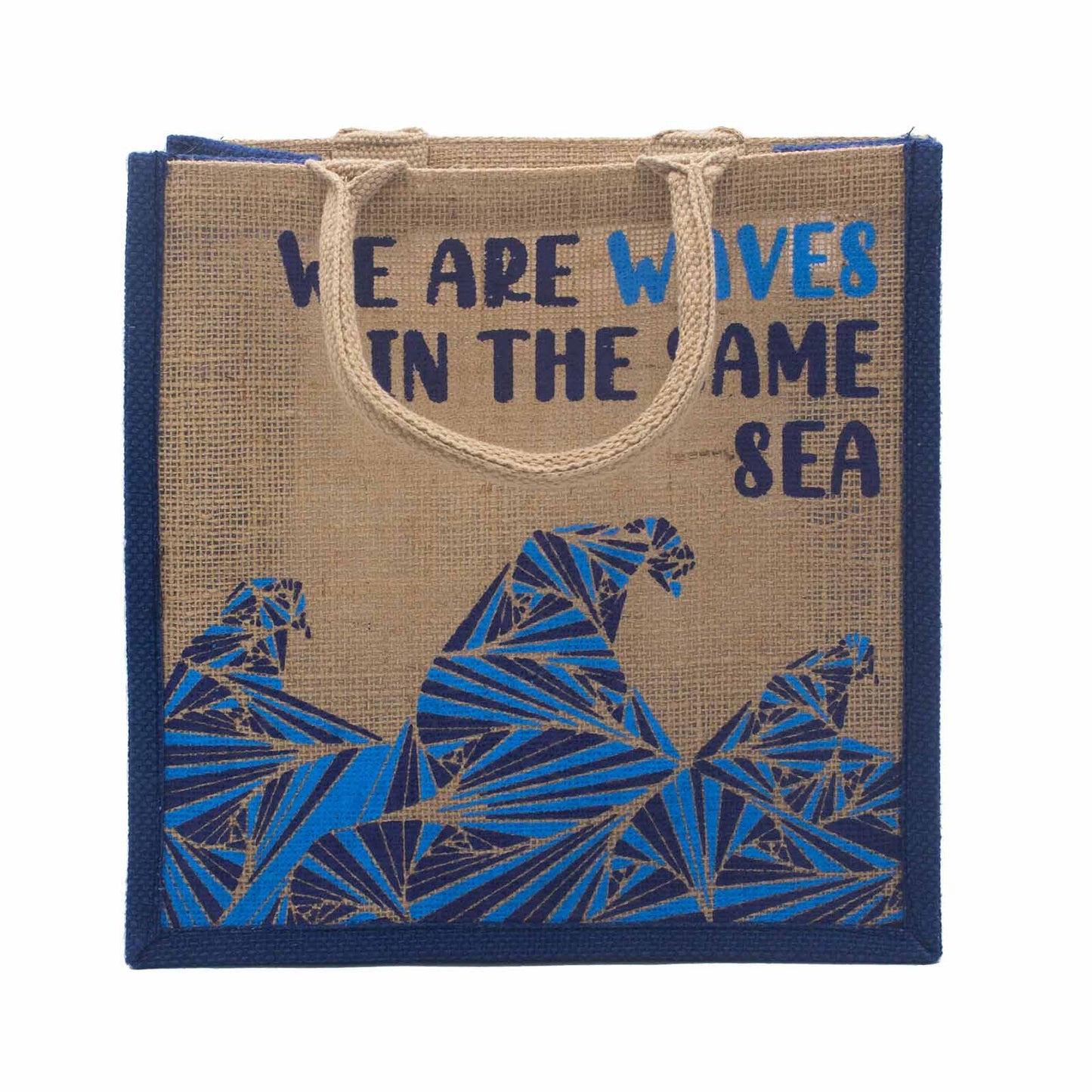 Bedruckter Jutebeutel - We are waves - Grau, Blau und Natur