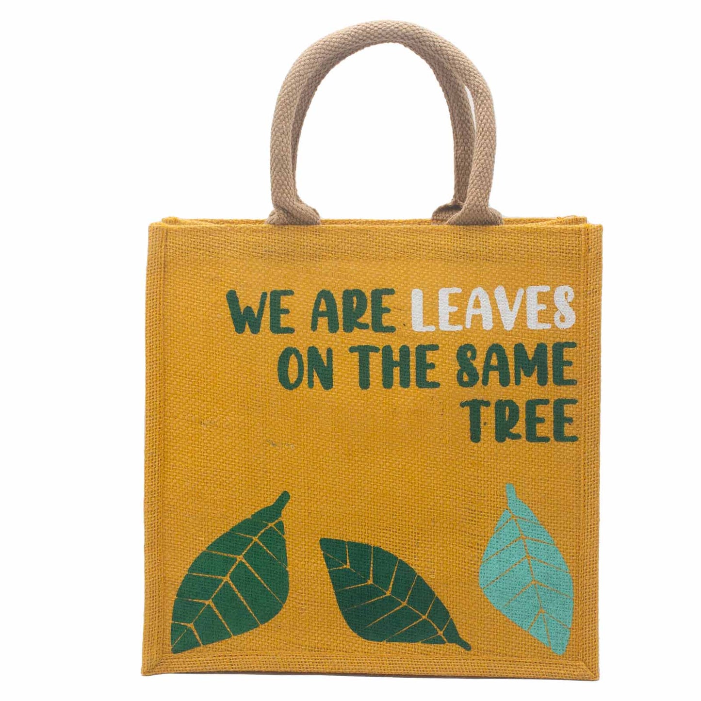 bolsa de yute estampada - Somos hojas - Amarillo, Azul y Natural