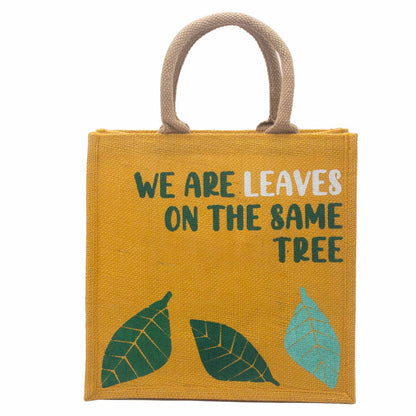 bolsa de yute estampada - Somos hojas - Amarillo, Azul y Natural