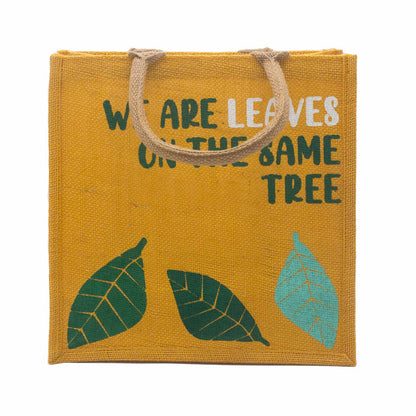 bolsa de yute estampada - Somos hojas - Amarillo, Azul y Natural