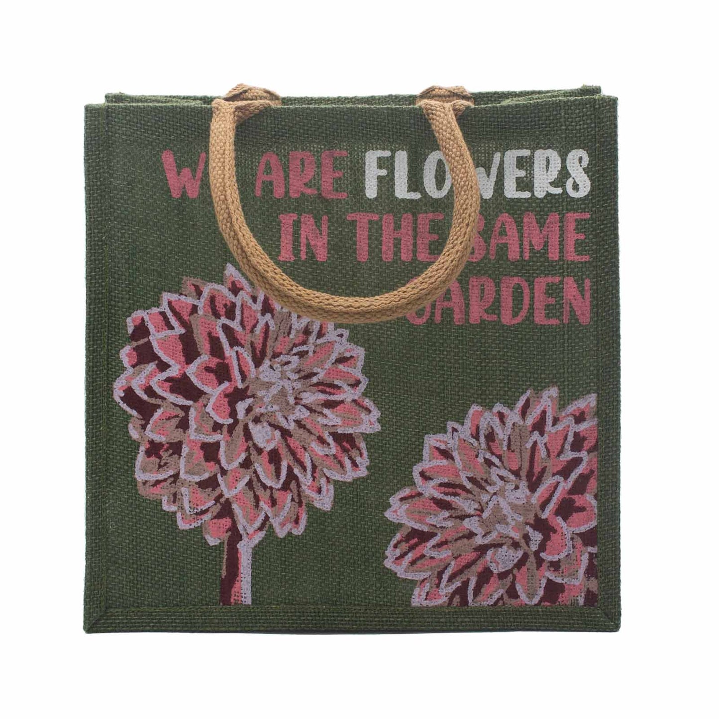 bolsa de yute estampada - Somos flores - Oliva, Rosa y Natural