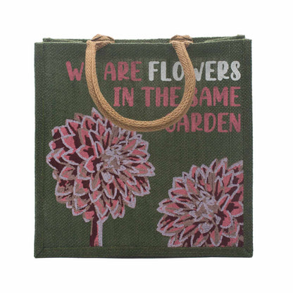 bolsa de yute estampada - Somos flores - Oliva, Rosa y Natural