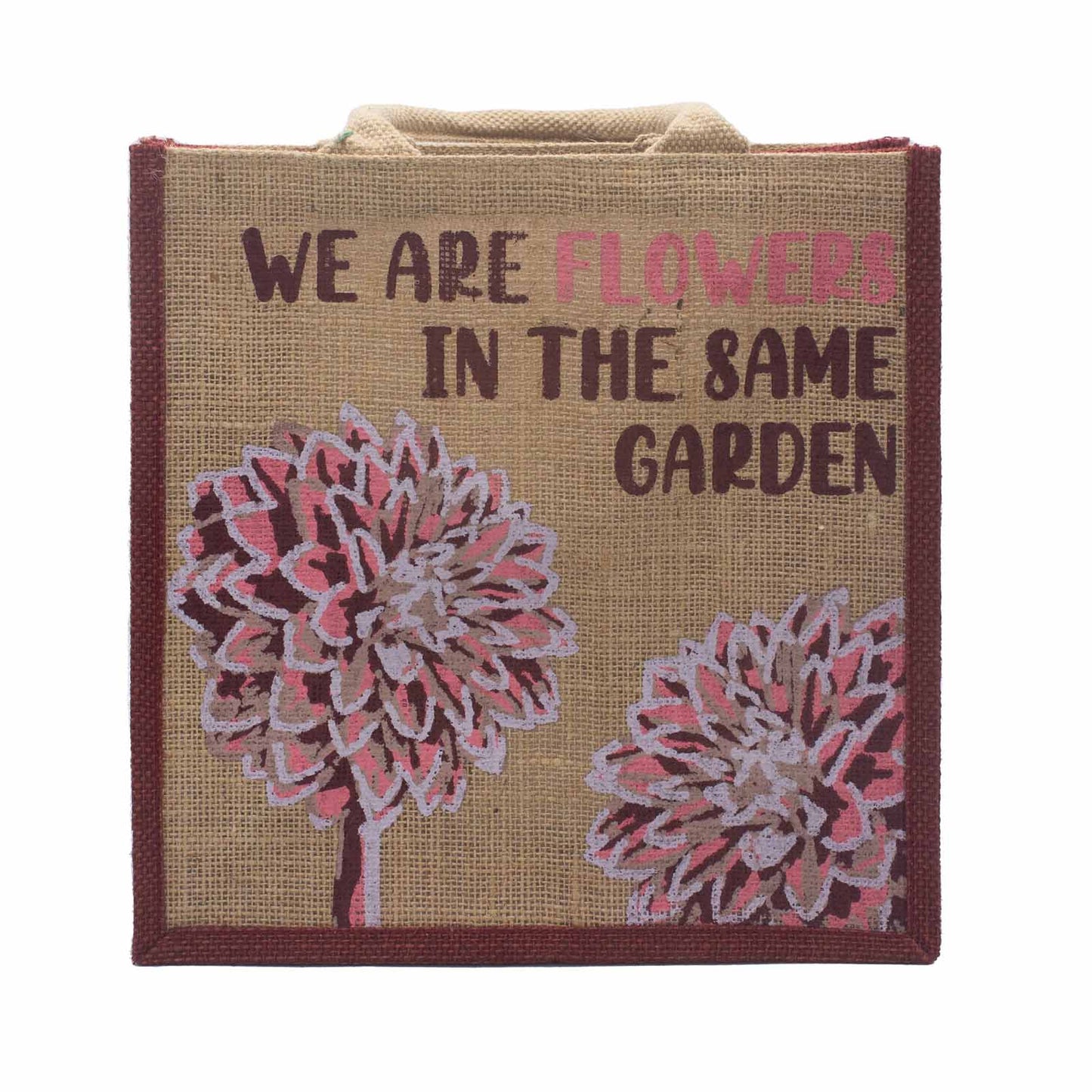 bolsa de yute estampada - Somos flores - Oliva, Rosa y Natural