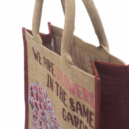 bolsa de yute estampada - Somos flores - Oliva, Rosa y Natural