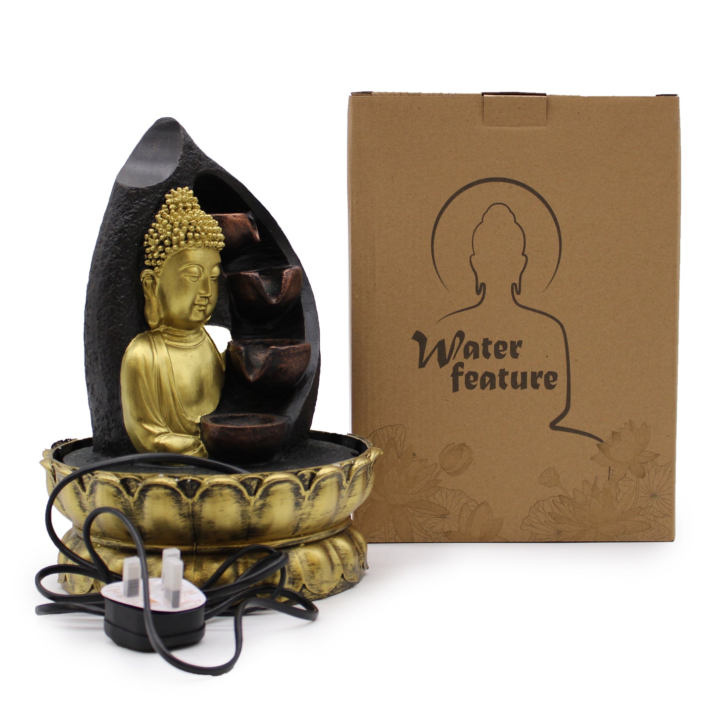 Tischbrunnen - 30 cm - Goldener Buddha und Vasen
