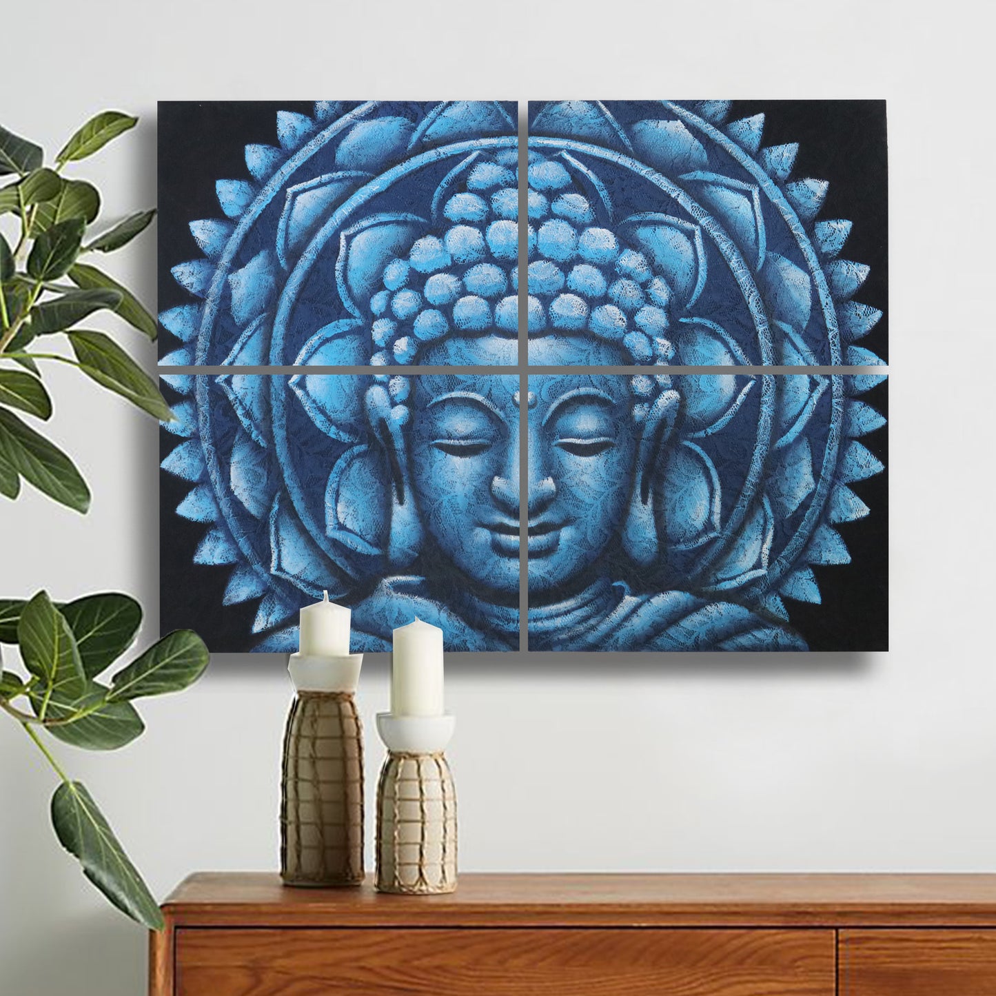 Detail des blauen Buddha-Mandala-Brokats, 30 x 40 cm, 4 Stück