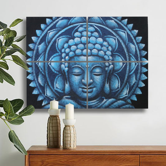 Detail des blauen Buddha-Mandala-Brokats, 30 x 40 cm, 4 Stück