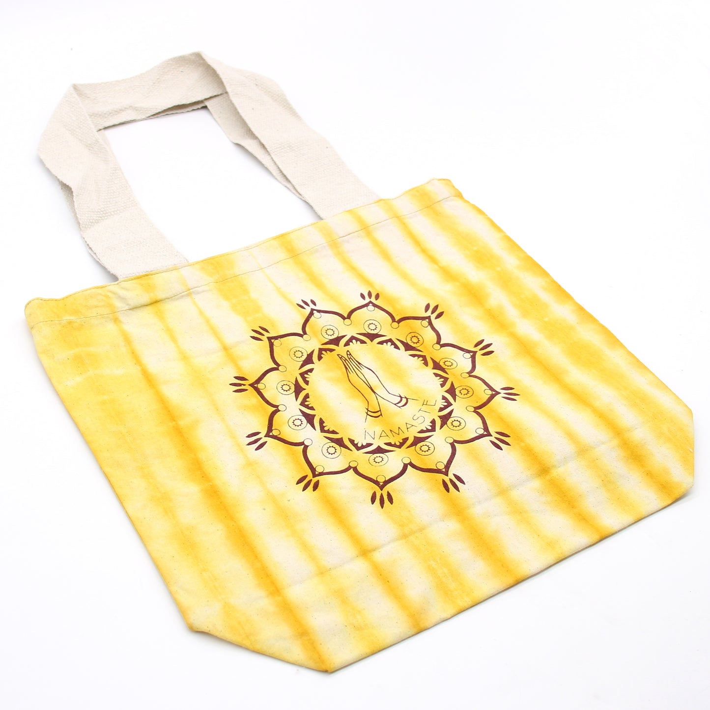 Tie-Dye-Baumwolltaschen (170 g) – 38 x 42 x 12 cm – Namaste-Hände – Gelb – Natürlicher Griff