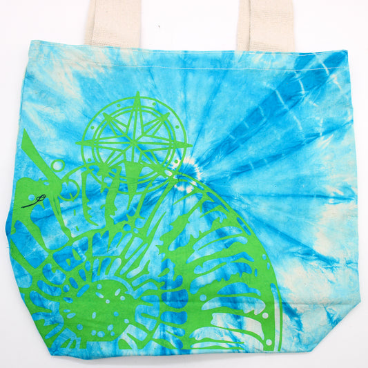 Batik-Baumwolltaschen (170 g) – 38 x 42 x 12 cm – Muschel – Blau und Grün – Grüner Griff