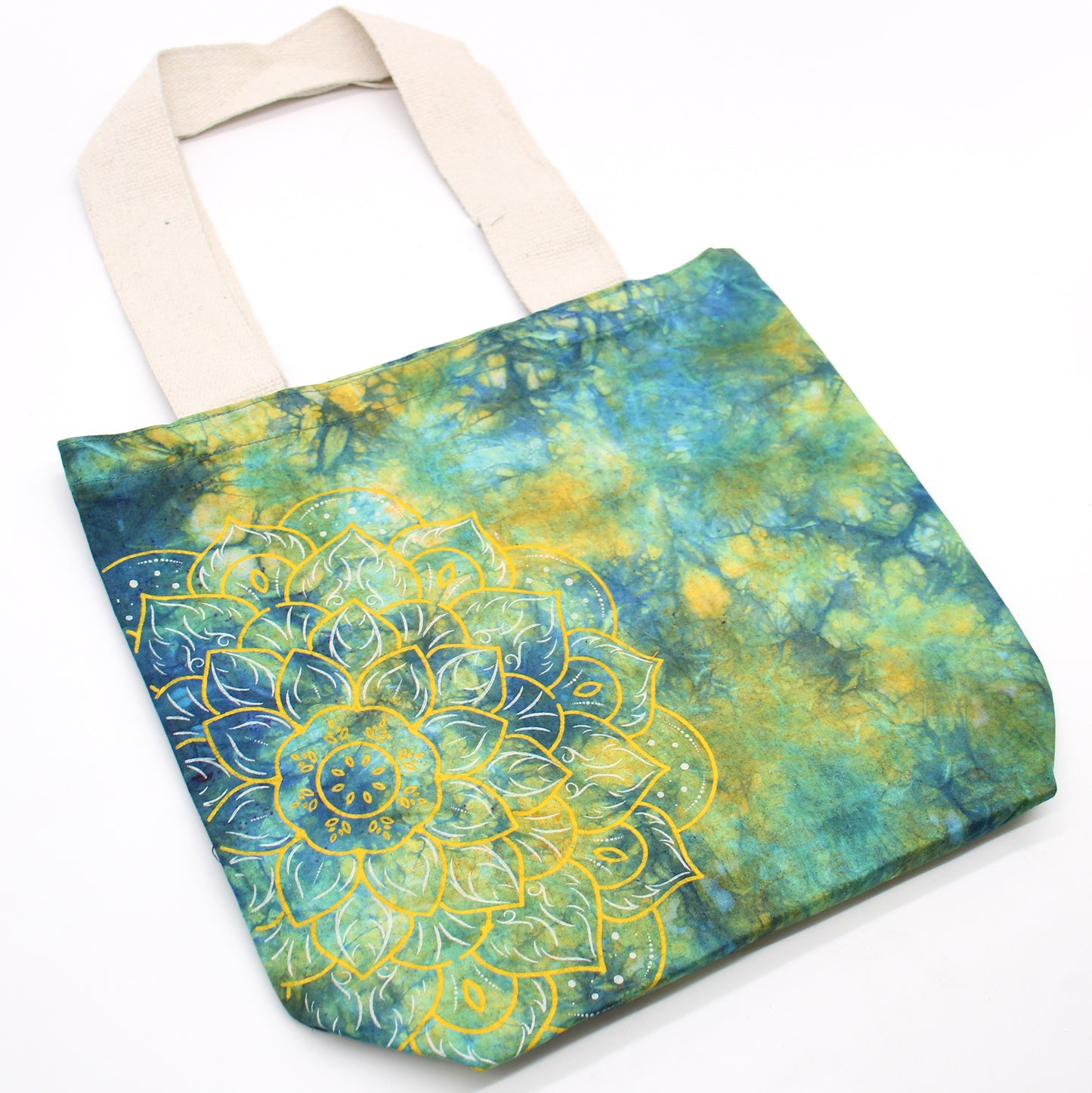 Tie Dye Baumwolltaschen (170 g) - 38 x 42 x 12 cm - Mandala - Grün und Blau - Natürlicher Griff