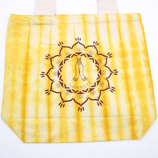 Tie-Dye-Baumwolltaschen (170 g) – 38 x 42 x 12 cm – Namaste-Hände – Gelb – Natürlicher Griff