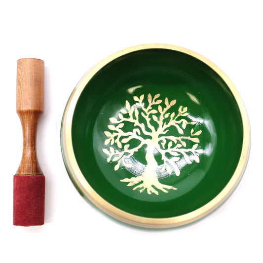 Großes tibetisches Klangschalen-Set – Baum des Lebens – Grün 14 cm