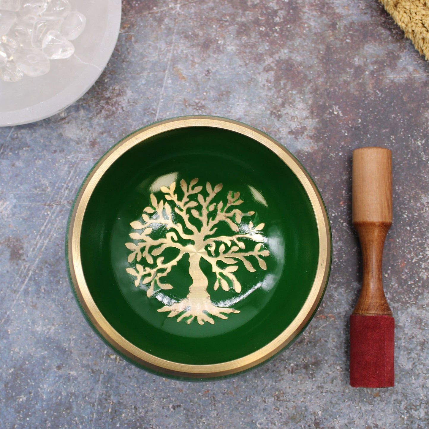 Großes tibetisches Klangschalen-Set – Baum des Lebens – Grün 14 cm