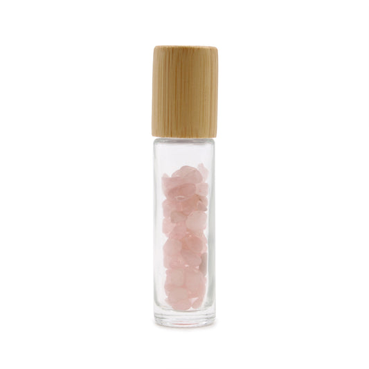 Edelstein-Rollerflasche für ätherische Öle – Rosenquarz – Holzverschluss
