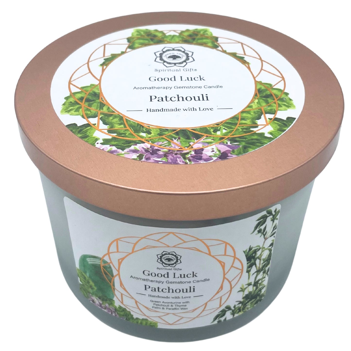 Patchouli und grüner Aventurin Edelsteinkerze - Viel Glück