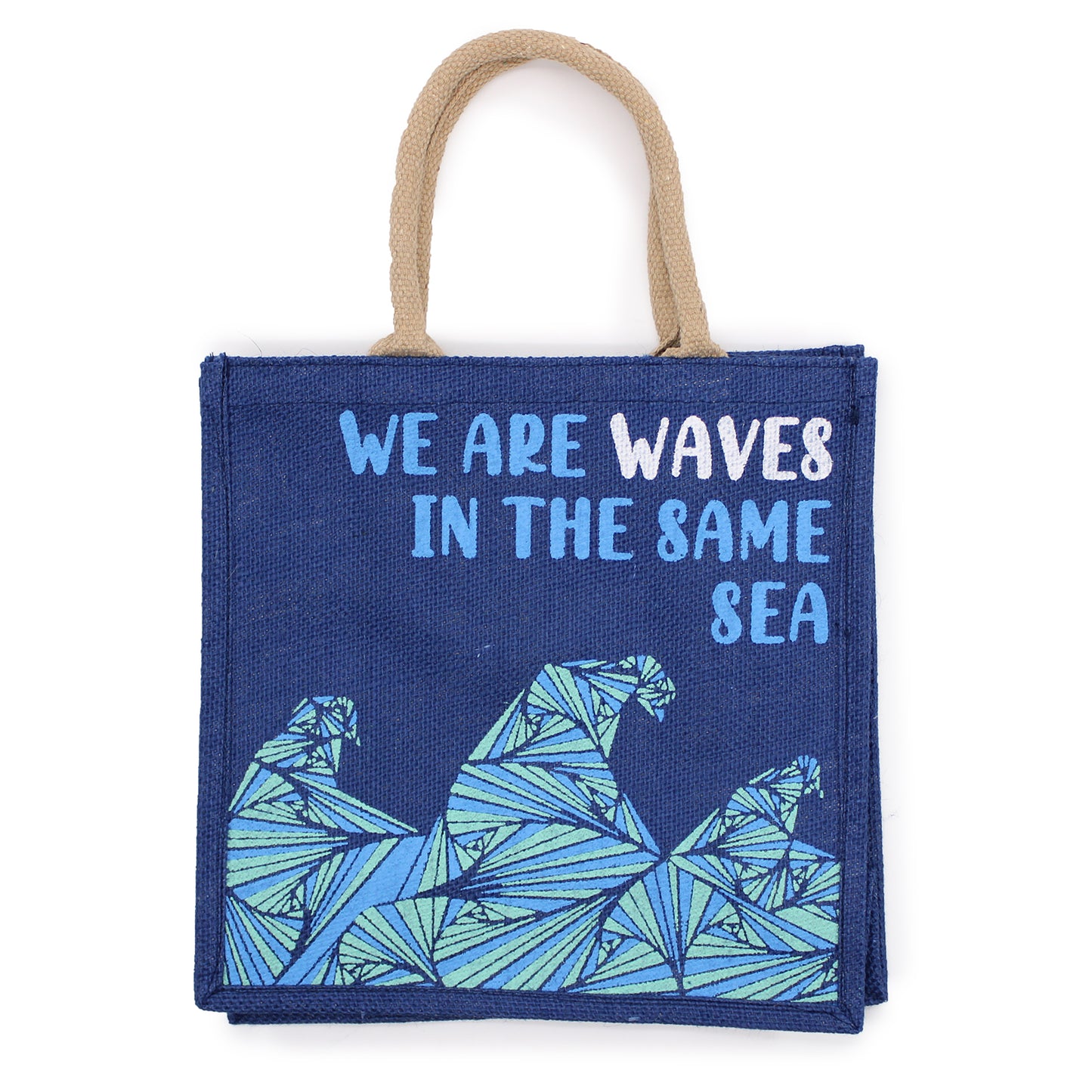 Bedruckter Jutebeutel - We are waves - Grau, Blau und Natur