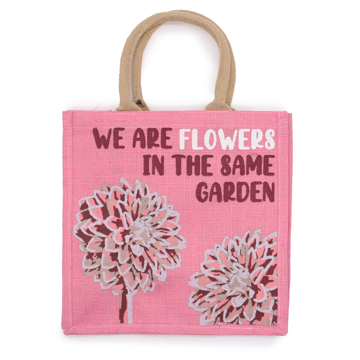 bolsa de yute estampada - Somos flores - Oliva, Rosa y Natural