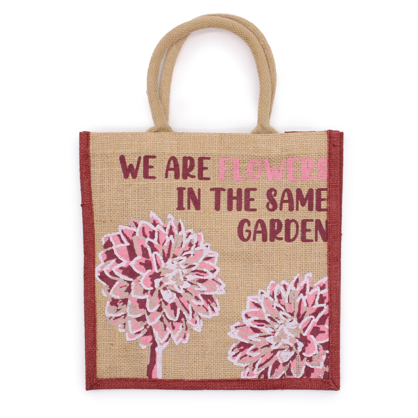 bolsa de yute estampada - Somos flores - Oliva, Rosa y Natural