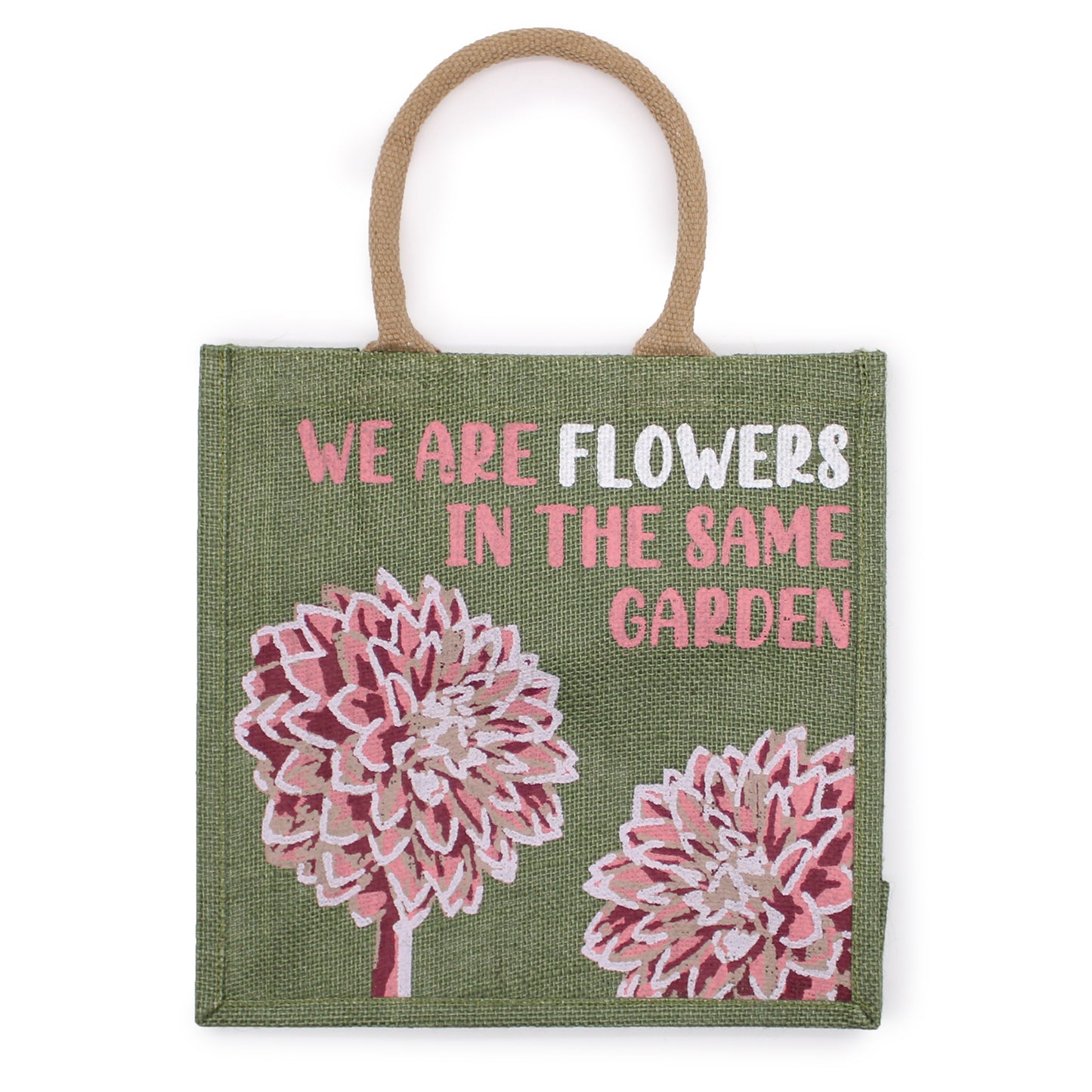 bolsa de yute estampada - Somos flores - Oliva, Rosa y Natural
