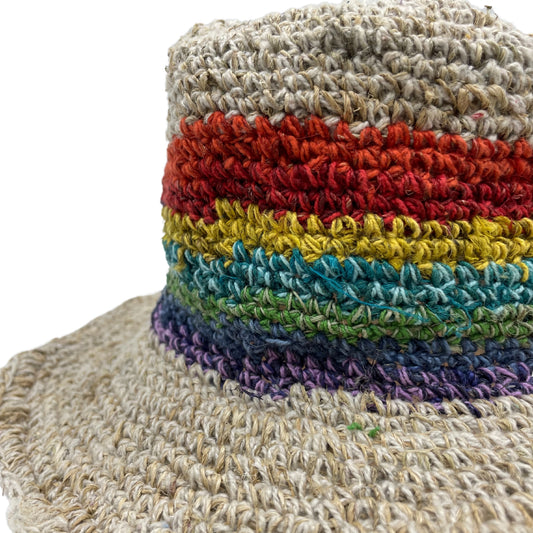 Handgewebter Boho-Festivalhut aus Hanf und Baumwolle – Regenbogen