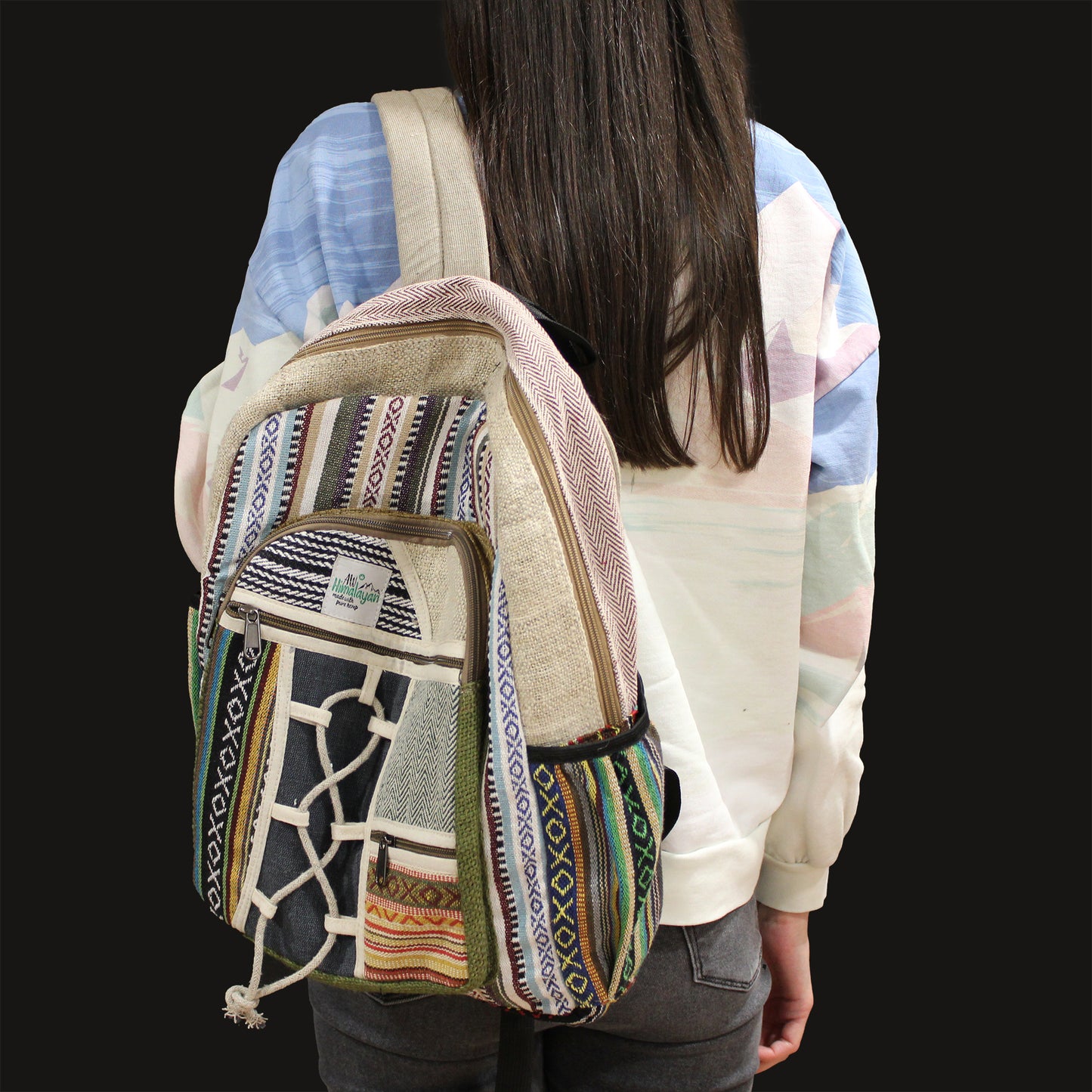 Großer Hanf-Rucksack – Seil-Stil mit Taschen