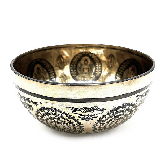 Gravierte heilende tibetische Klangschale – 21 cm – Om und Buddha