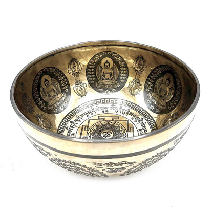 Bol chantant tibétain gravé de guérison - 21 cm - Om et Bouddha