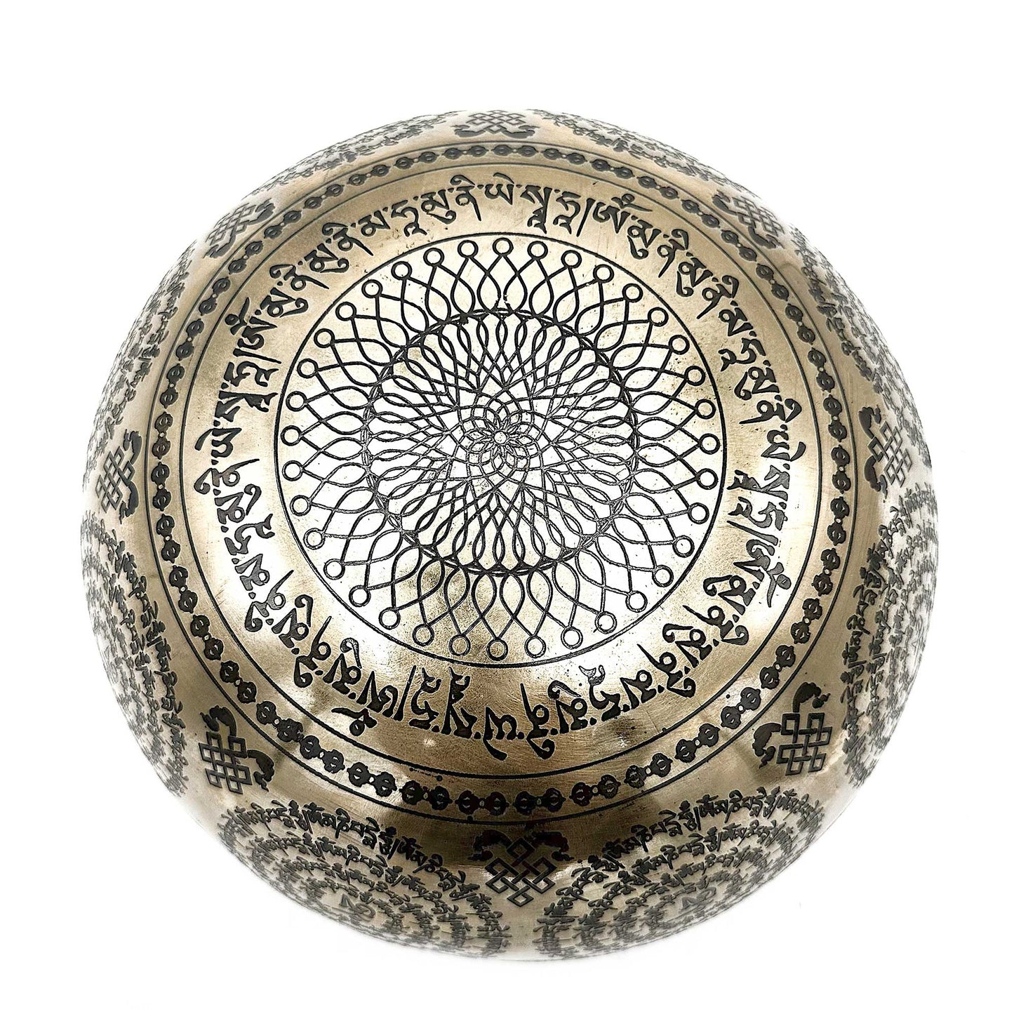 Gravierte heilende tibetische Klangschale – 21 cm – Om und Buddha