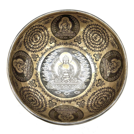 Gravierte heilende tibetische Klangschale – 21 cm – 5 Buddhas